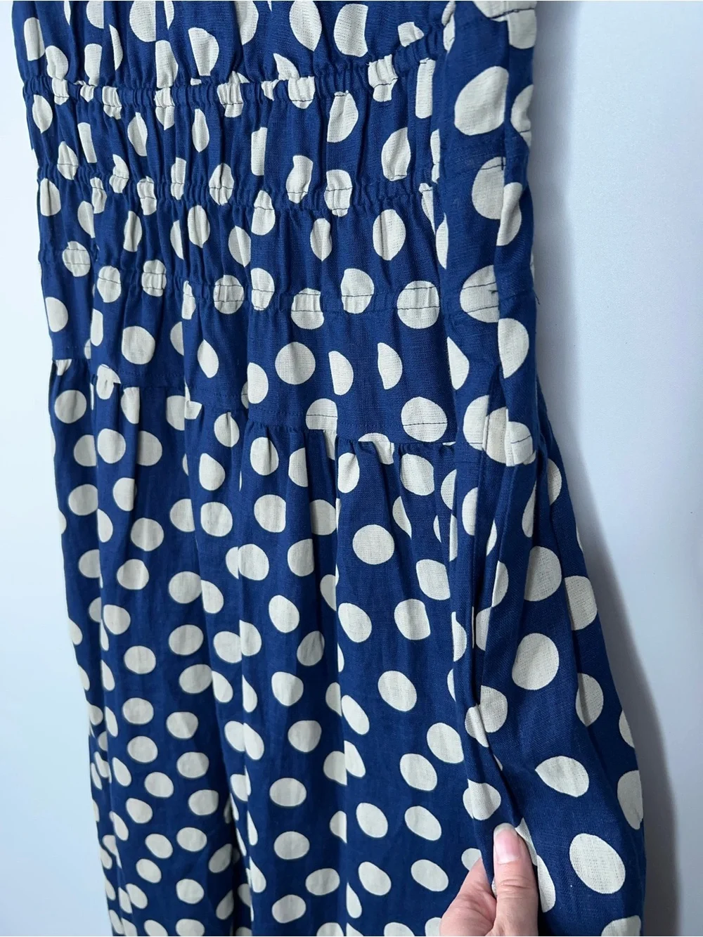 J Crew Navy Polka Dot Sleeveless Midi Dress Smocked Waist Linen New Size Small